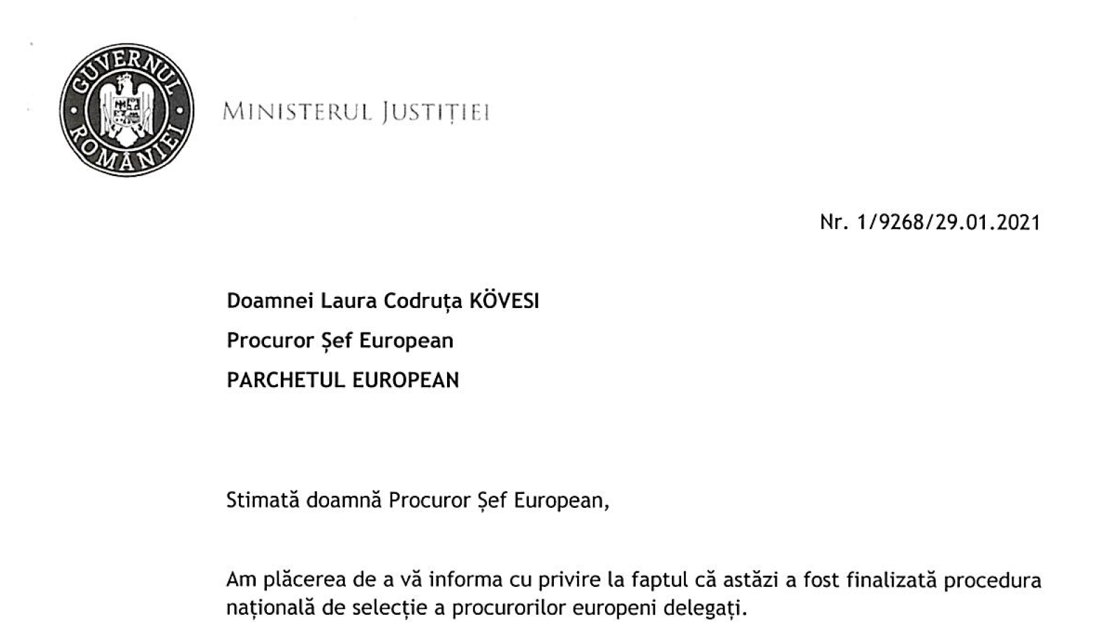 Letter from MoJ Romania