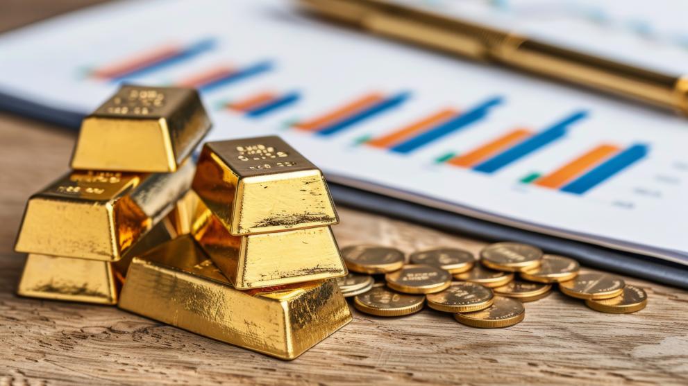gold, gold coins, charts on a table