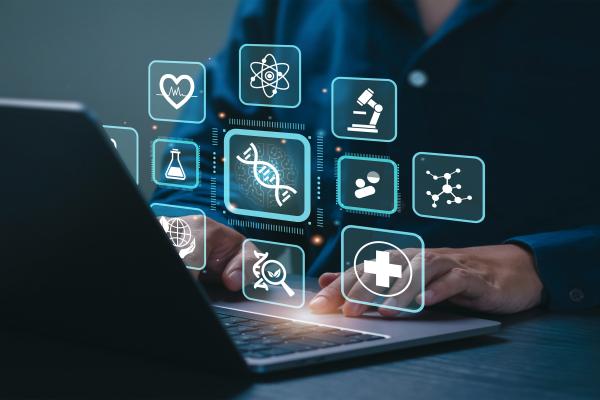 illustration of icons with symbols for innovation and research